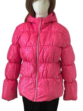 Girls' Bright Pink Hooded Puffer Jacket with Metallic Print